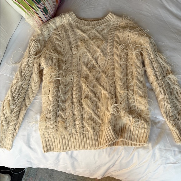 Women’s Ivory Cable-Knit Fringe Crewneck Sweater - Picture 3 of 5